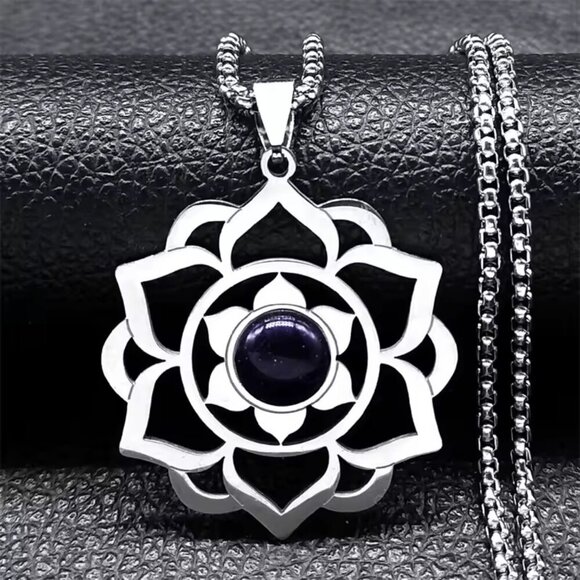 Jewelry - Spiritual Lotus Pendant Necklace with Moonstone - Stainless Steel 20" #1533